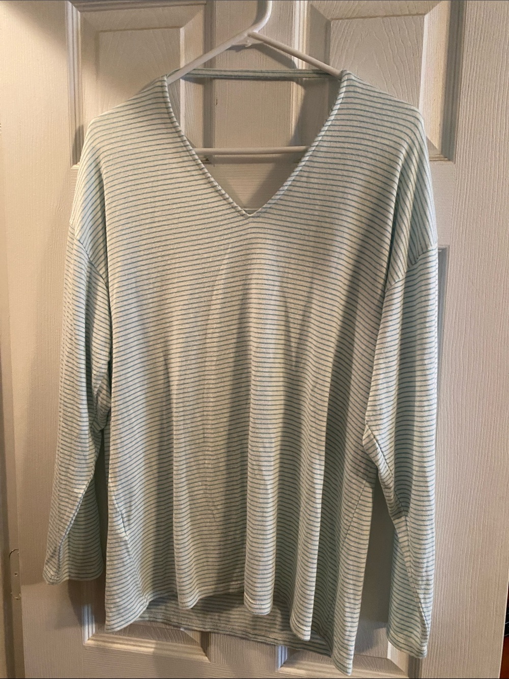 Aqua Blue and white Striped V-Neck Long Sleeve womens Shirt